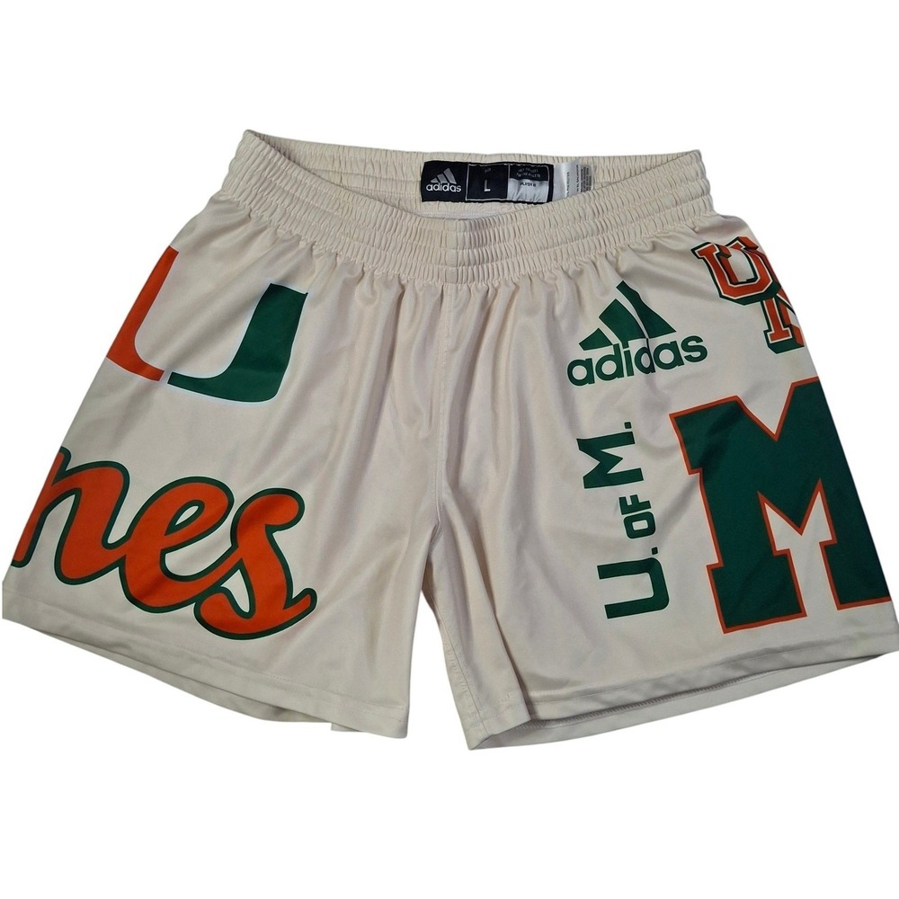 Adidas Miami Hurricanes Mens Large Cream Athletic Shorts U of M NCAA Basketball